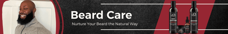 A man with a beard in front of a red background with the words beard care.