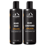 Two bottles of Mountaineer Brand Products' Beard Wash and Beard Conditioner Combo, perfect for the eco-conscious individual.
