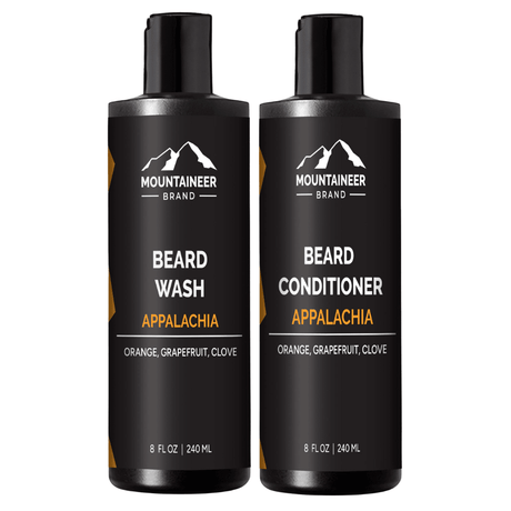Two bottles of Mountaineer Brand Products' Beard Wash and Beard Conditioner Combo, perfect for the eco-conscious individual.
