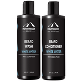Two bottles of Mountaineer Brand Products' Beard Wash and Beard Conditioner Combo, perfect for the eco-conscious individual.