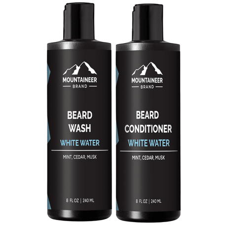 Two bottles of Mountaineer Brand Products' Beard Wash and Beard Conditioner Combo, perfect for the eco-conscious individual.